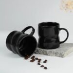 Black Ceramic Mug with Curved Grip Design || Set of 2