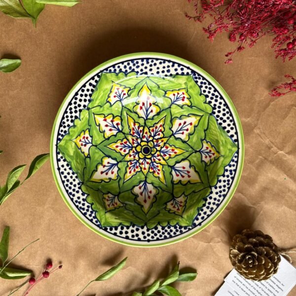 Green Bloom Mandala Ceramic Pasta Plate