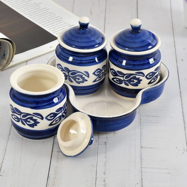 Indigo Bloom Ceramic Pickle Jar Set with Tray – Set of 3
