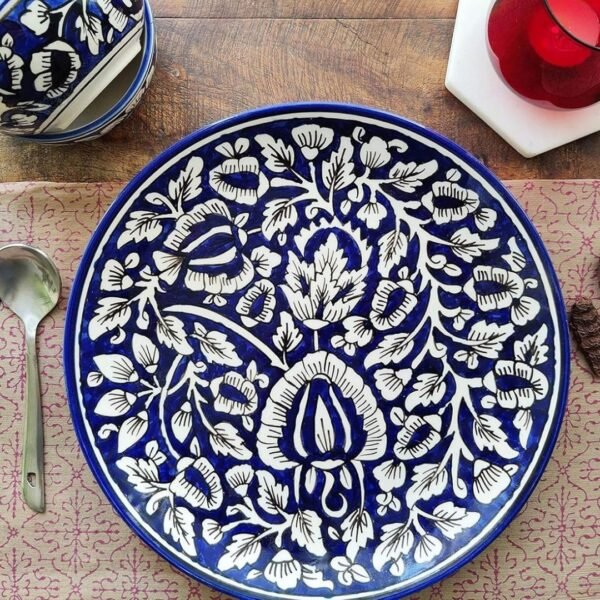 Royal Blue Handcrafted Ceramic Dinner Plate Set – Floral Jaipuri Design (Set of 6)
