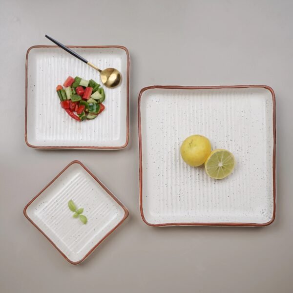 Vellara White Ceramic Serving Trays – Set of 3 Fancy Square Platters for Snacks, Dry Fruits, Salads, and Desserts