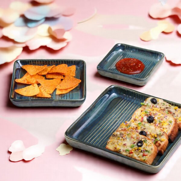 Vellara Glaze Green Ceramic Serving Trays – Set of 3 Fancy Square Platters for Snacks, Dry Fruits, Salads, and Desserts