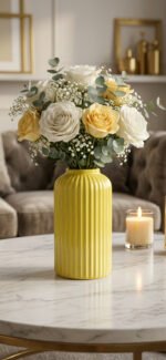 Elegant Ribbed Ceramic Flower Vase for Living Room Décor | Modern Yellow Table Centerpiece Vase for Home & Office Styling