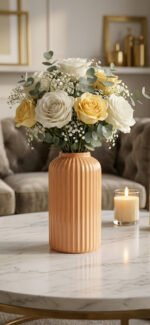 Elegant Ribbed Ceramic Flower Vase for Living Room Décor | Modern Beige Table Centerpiece Vase for Home & Office Styling - Image 2