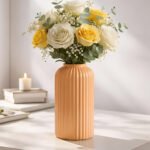 Elegant Ribbed Ceramic Flower Vase for Living Room Décor | Modern Beige Table Centerpiece Vase for Home & Office Styling