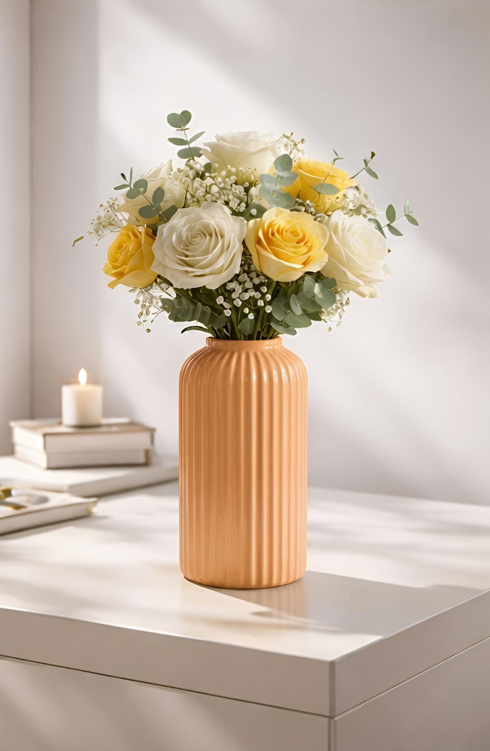 1000137029 (1) Elegant Ribbed Ceramic Flower Vase for Living Room Décor | Modern Beige Table Centerpiece Vase for Home & Office Styling - Image 1