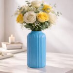 Elegant Ribbed Ceramic Flower Vase for Living Room Décor | Modern Blue Table Centerpiece Vase for Home & Office Styling