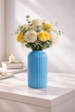 Elegant Ribbed Ceramic Flower Vase for Living Room Décor | Modern Blue Table Centerpiece Vase for Home & Office Styling