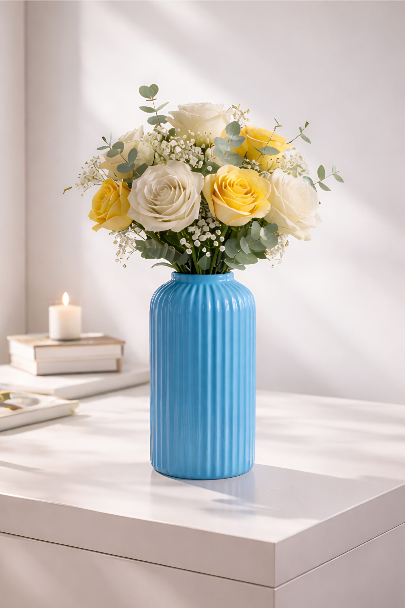 1000137966 Elegant Ribbed Ceramic Flower Vase for Living Room Décor | Modern Blue Table Centerpiece Vase for Home & Office Styling - Image 1