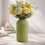 Elegant Ribbed Ceramic Flower Vase for Living Room Décor | Modern Olive Green Table Centerpiece Vase for Home & Office Styling