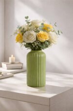 Elegant Ribbed Ceramic Flower Vase for Living Room Décor | Modern Olive Green Table Centerpiece Vase for Home & Office Styling