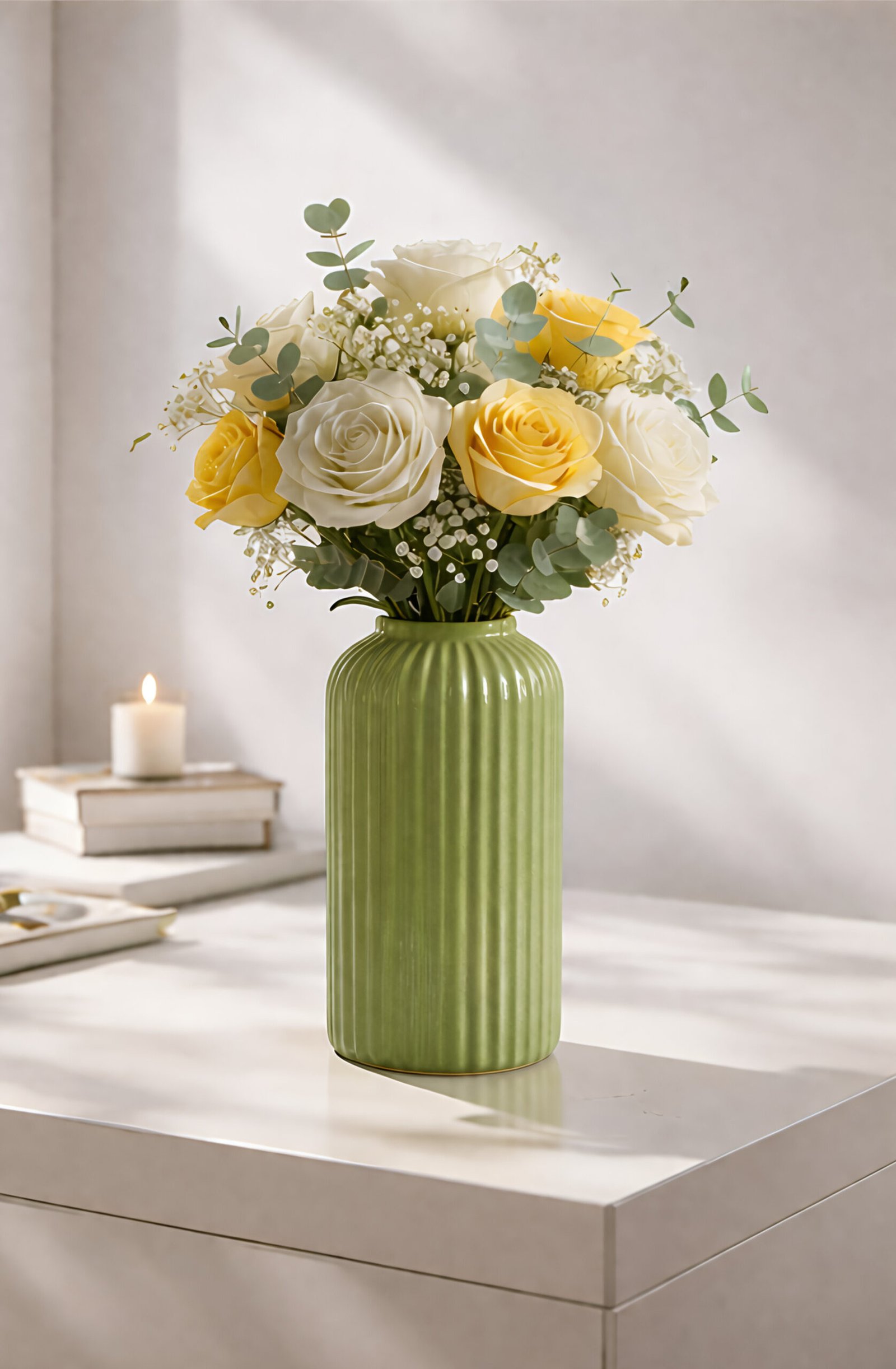 1000140621 Elegant Ribbed Ceramic Flower Vase for Living Room Décor | Modern Olive Green Table Centerpiece Vase for Home & Office Styling - Image 1