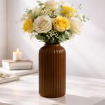Elegant Ribbed Ceramic Flower Vase for Living Room Décor | Modern Brown Table Centerpiece Vase for Home & Office Styling