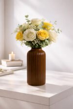Elegant Ribbed Ceramic Flower Vase for Living Room Décor | Modern Brown Table Centerpiece Vase for Home & Office Styling