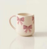 Ceramic Coffee Mug with Pink Bow Design, Cream, Self Print Pattern, Coquette Style - Image 2