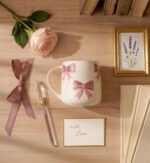 Ceramic Coffee Mug with Pink Bow Design, Cream, Self Print Pattern, Coquette Style - Image 4