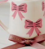 Ceramic Coffee Mug with Pink Bow Design, Cream, Self Print Pattern, Coquette Style - Image 3