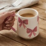 Ceramic Coffee Mug with Pink Bow Design, Cream, Self Print Pattern, Coquette Style