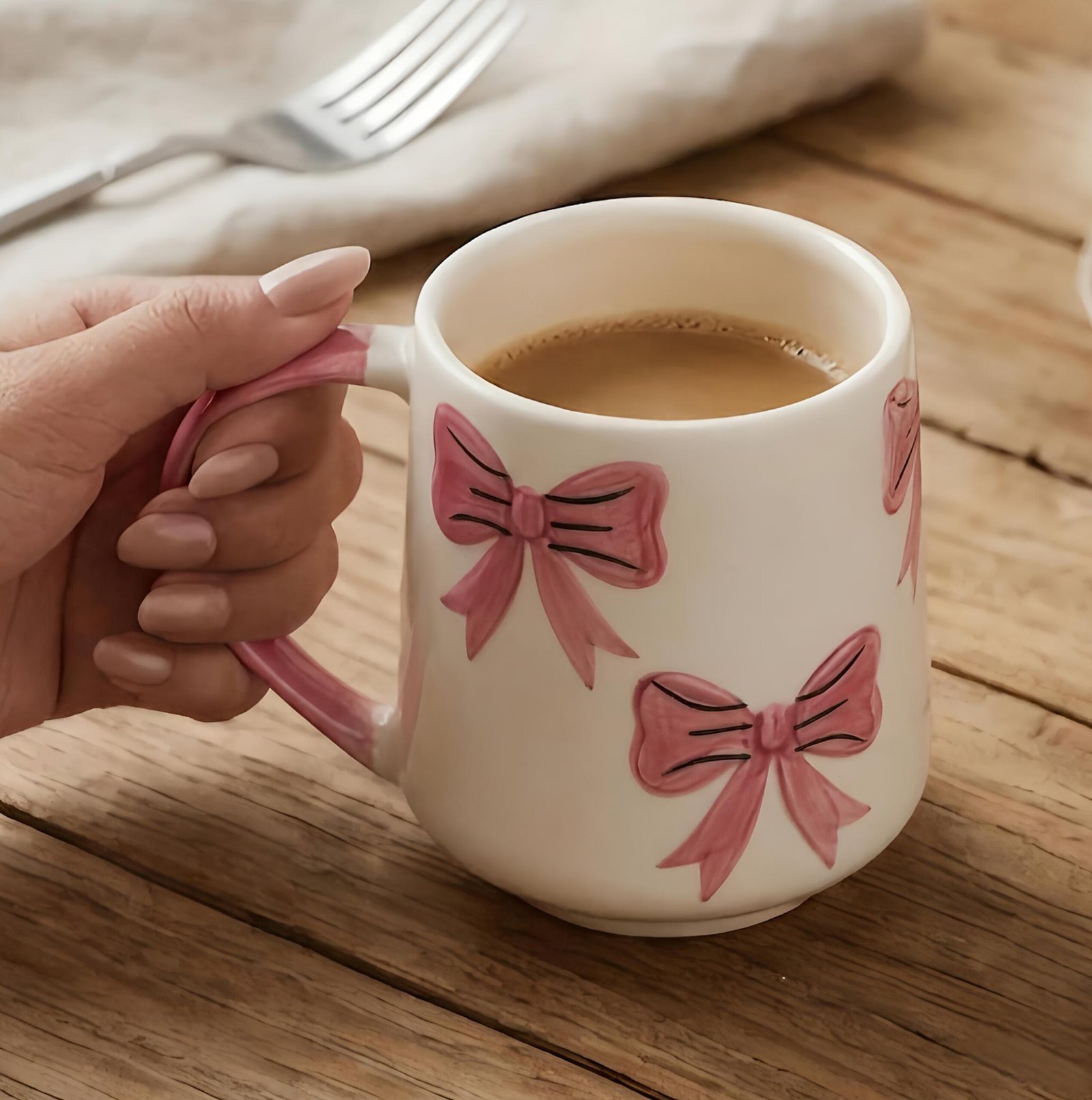 1000140668 Ceramic Coffee Mug with Pink Bow Design, Cream, Self Print Pattern, Coquette Style - Image 1