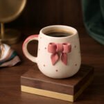 Cute Pink Bow Ceramic Mug for Coffee Tea Milk | 3D Bow Design Gift Mug for Girls Women Kids | Premium Glazed Polka Dot Finish