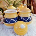 Ceramic Kitchen Storage Jar Set with Lids & Tray – Yellow & Blue Printed Container Set With Complimentary Tray (Set of 4)