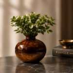 Amber Glow Ceramic Decorative Vase for Home Décor | Handcrafted Brown Round Flower Vase | Modern Tabletop Accent Pot