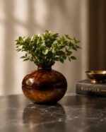 Amber Glow Ceramic Decorative Vase for Home Décor | Handcrafted Brown Round Flower Vase | Modern Tabletop Accent Pot