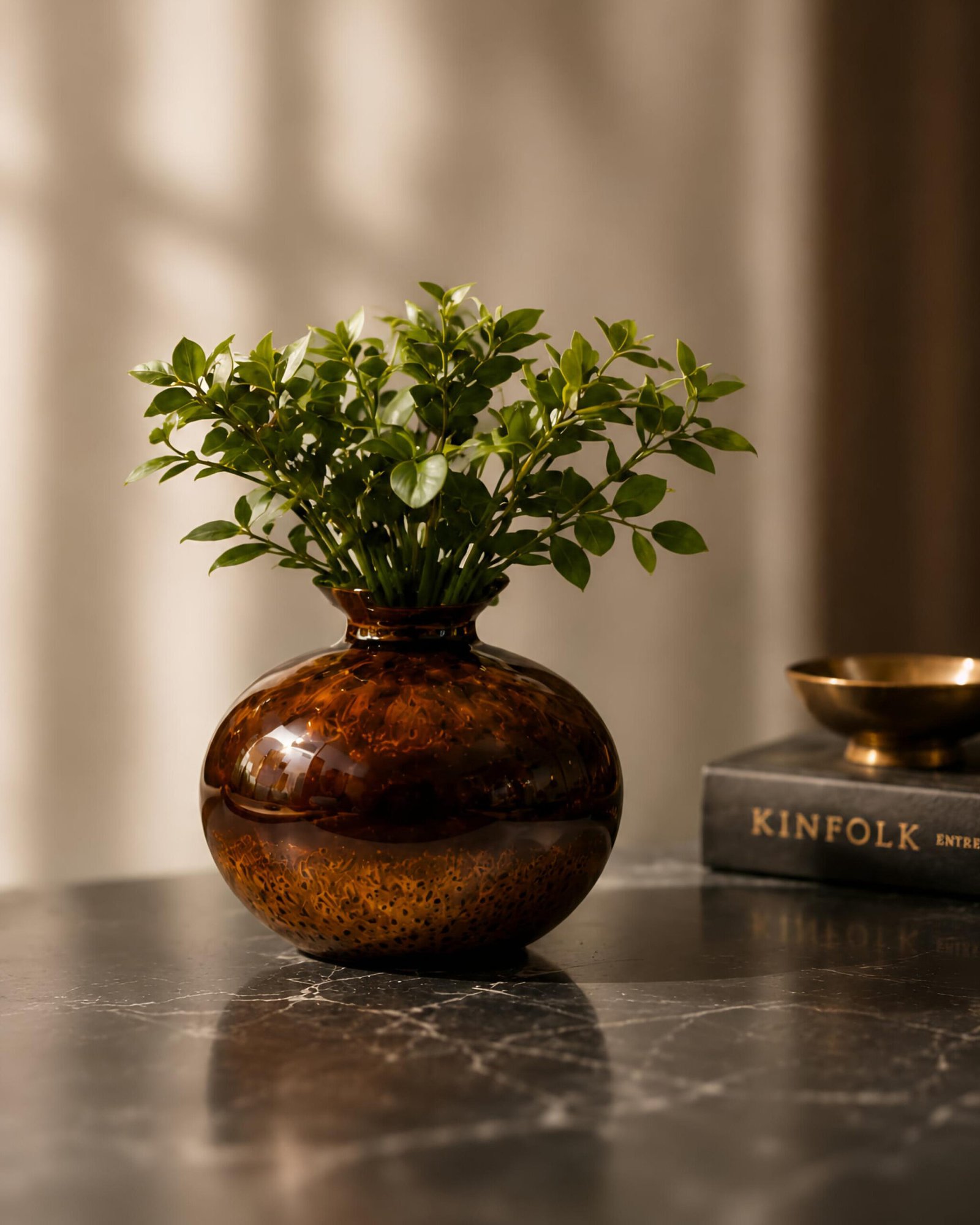 1000156971 Amber Glow Ceramic Decorative Vase for Home Décor | Handcrafted Brown Round Flower Vase | Modern Tabletop Accent Pot - Image 1