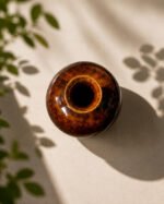 Amber Glow Ceramic Decorative Vase for Home Décor | Handcrafted Brown Round Flower Vase | Modern Tabletop Accent Pot - Image 2